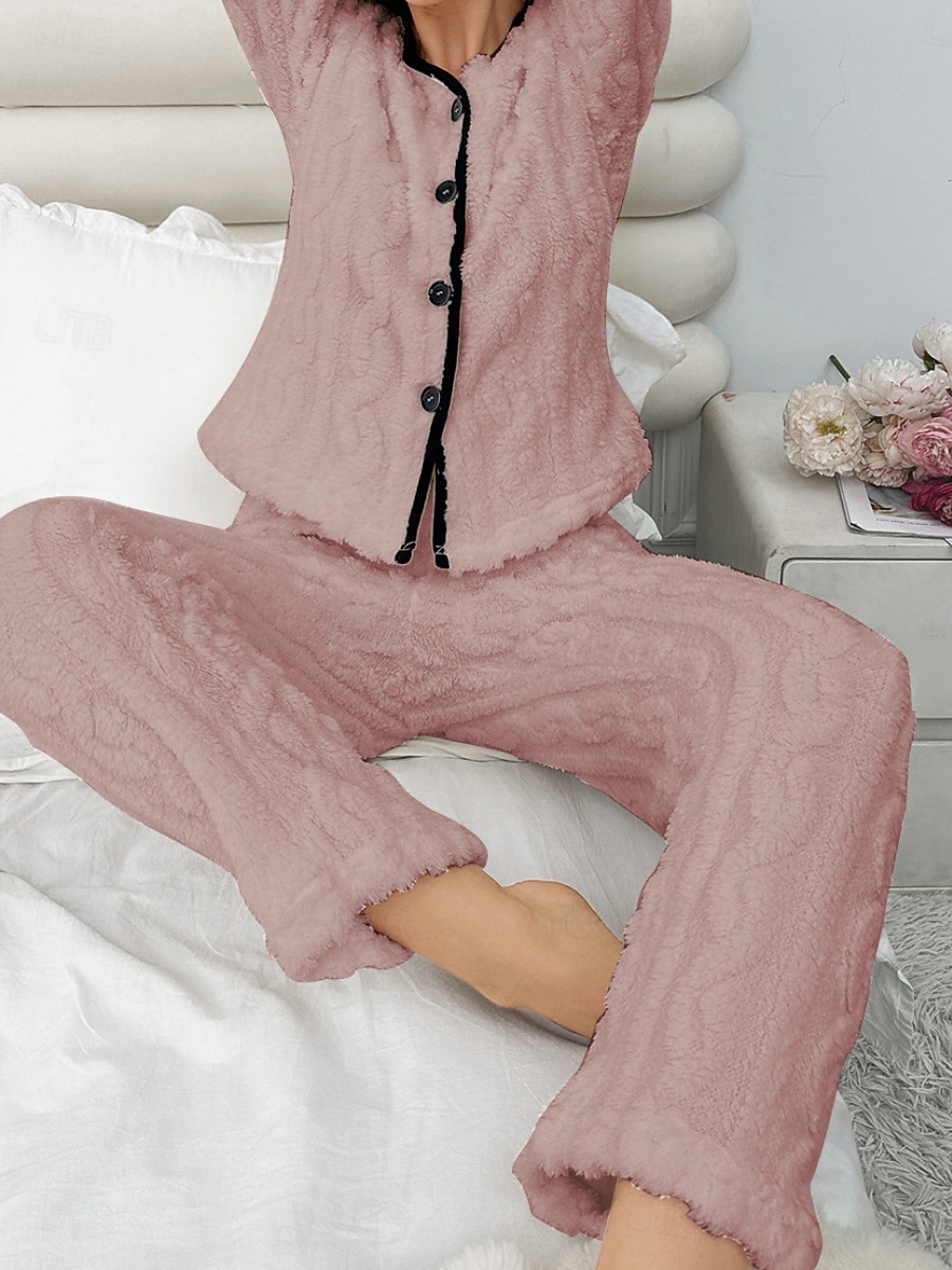 Γυναικεία Σετ Πυτζάμες Καθημερινό Ανατομικό Μονόχρωμες Ελαστική μέση Παντελόνι Σπίτι Καθημερινά Μακρυμάνικο Λαιμόκοψη V Λευκό Ανθισμένο Ροζ Άνοιξη Φθινόπωρο Χειμώνας Κανονικό 2026 - $31.99 –P9