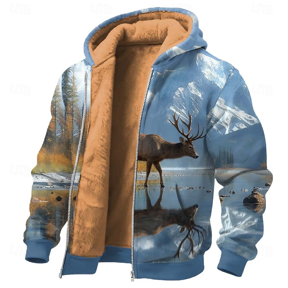 Miesten 3D-tulostus Hirvet Fleece Huppari Takki College Klassinen Asevoimat Metsästys Tiukka pyöreä kaula-aukko ulko- Retkeily Sininen Vaalean ruskea Ruskea Sulkea jnk vetoketju Syksy Talvi 2026 - $41.99 –P1