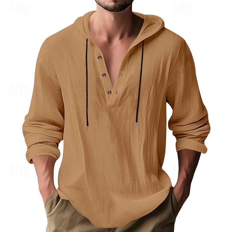 Men's Shirt Popover Shirt Summer Shirt Casual Shirt Beach Shirt Black White Yellow Navy Blue khaki Long Sleeve Solid Color Hooded Vacation Casual Drawstring Clothing Apparel Fashion Casual Comfortable 2026 - $28.99 –P35