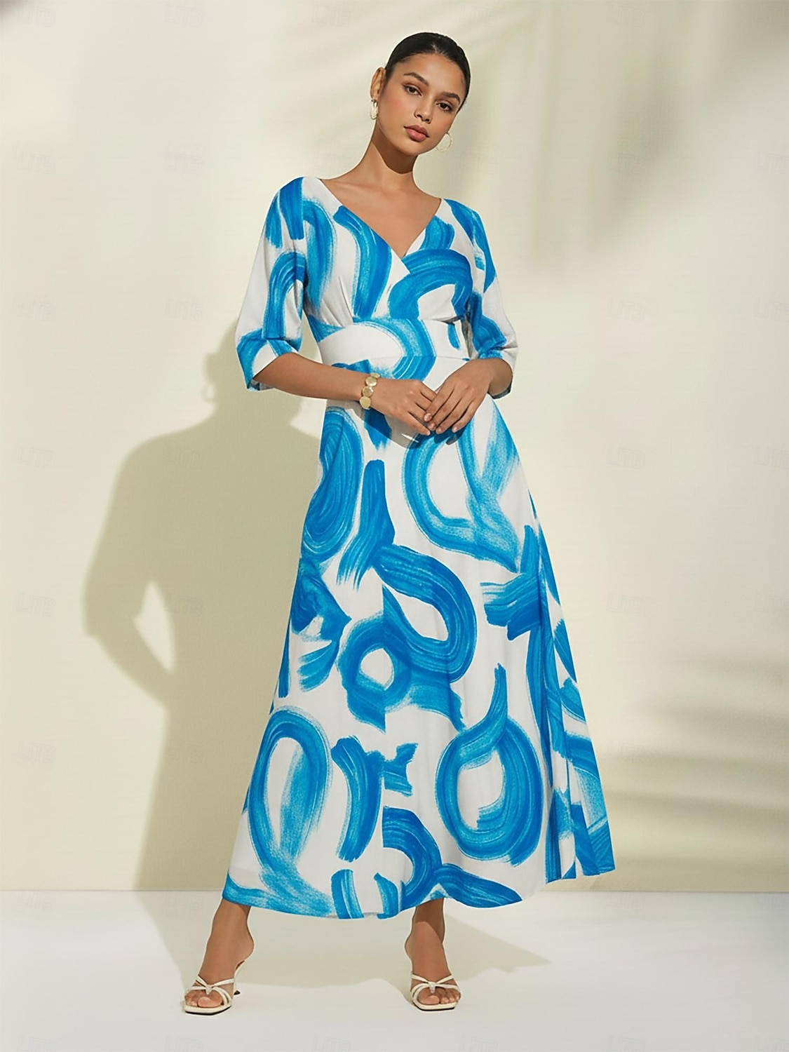 атласное синее платье макси с принтом мазков кисти для повседневного отпуска и путешествий 2026 - $114.99 –P1