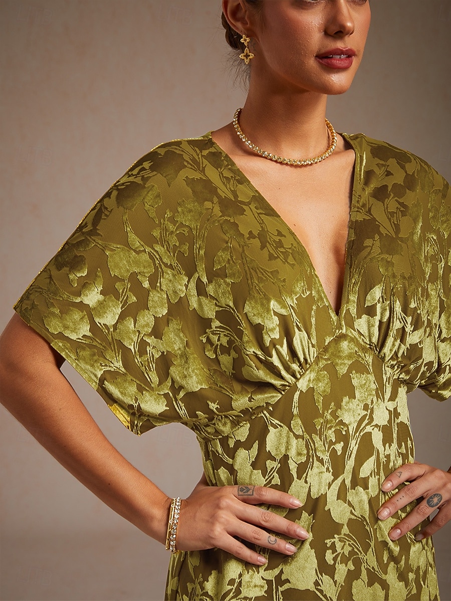 dames maxi-jurk a-lijn jurk fluweel elegant feest bruiloft gast bloemen blad halve mouw v-hals smaragdgroen lente herfst winter 2025 - $121.99 –P3