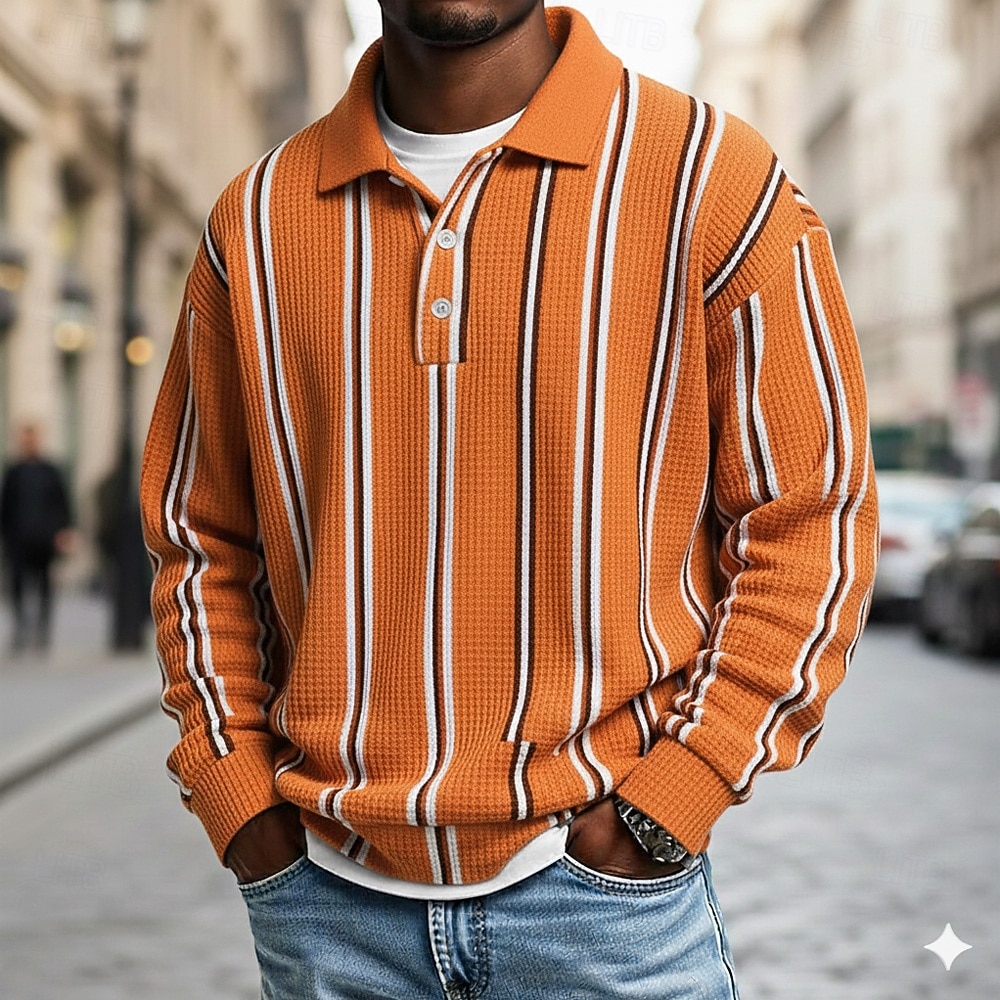 Herr Horisontella Strips Polo Rugby Polo Strukturerad Långärmad Polotröjor Kavajslag Sportkläder Ledigt Skola Fritids- Dagliga kläder 3D-utskrift Vår Höst Vinter Blå Regnbåge 2026 - $28.99 –P3