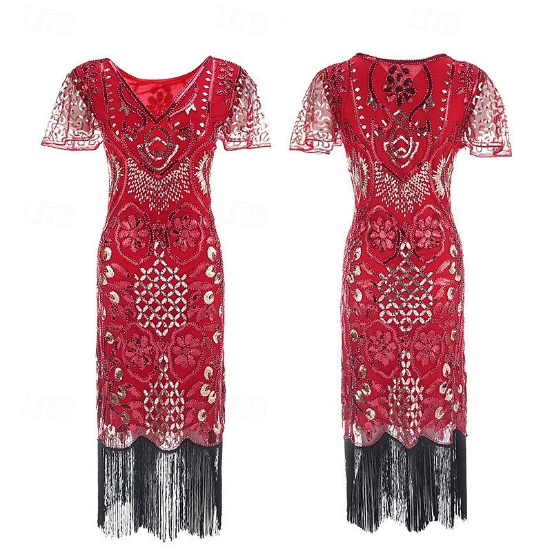 Loucos anos 20 Anos 20 Meio-dia Vestido melindroso Mangas curtas O Grande Gatsby Menina melindrosa Paetês Franja Tubinho Decote V Fantasia Mulheres Natal Carnaval bar clandestino Mascarilha Festa de 2026 por $42.99 –P11