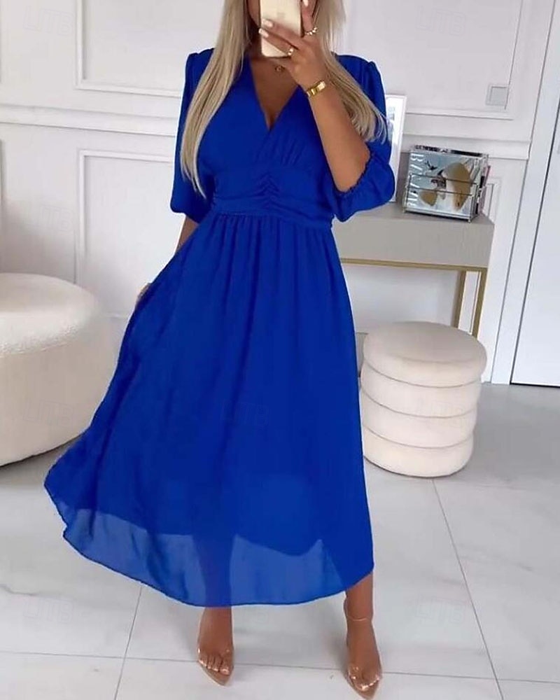 Mulheres Vestido midi Vestido preto Vestido casual Elegante Moda Moderno Diário Para Noite Final de semana Normal Tecido Manga 3/4 Decote V Azul Preto Verde Primavera Outono de 2026 por $31.99 –P4