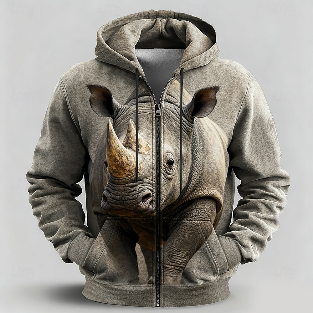 Homme Chouette Rhinocéron Sweat à capuche Veste Sweatshirt Fantaisie Imprimé sur toute la surface manche longue Fermeture éclair Vêtements de rue Vacances Sortir Marron Gris Fermeture éclair Automne de 2026 ? $28.99 –P1