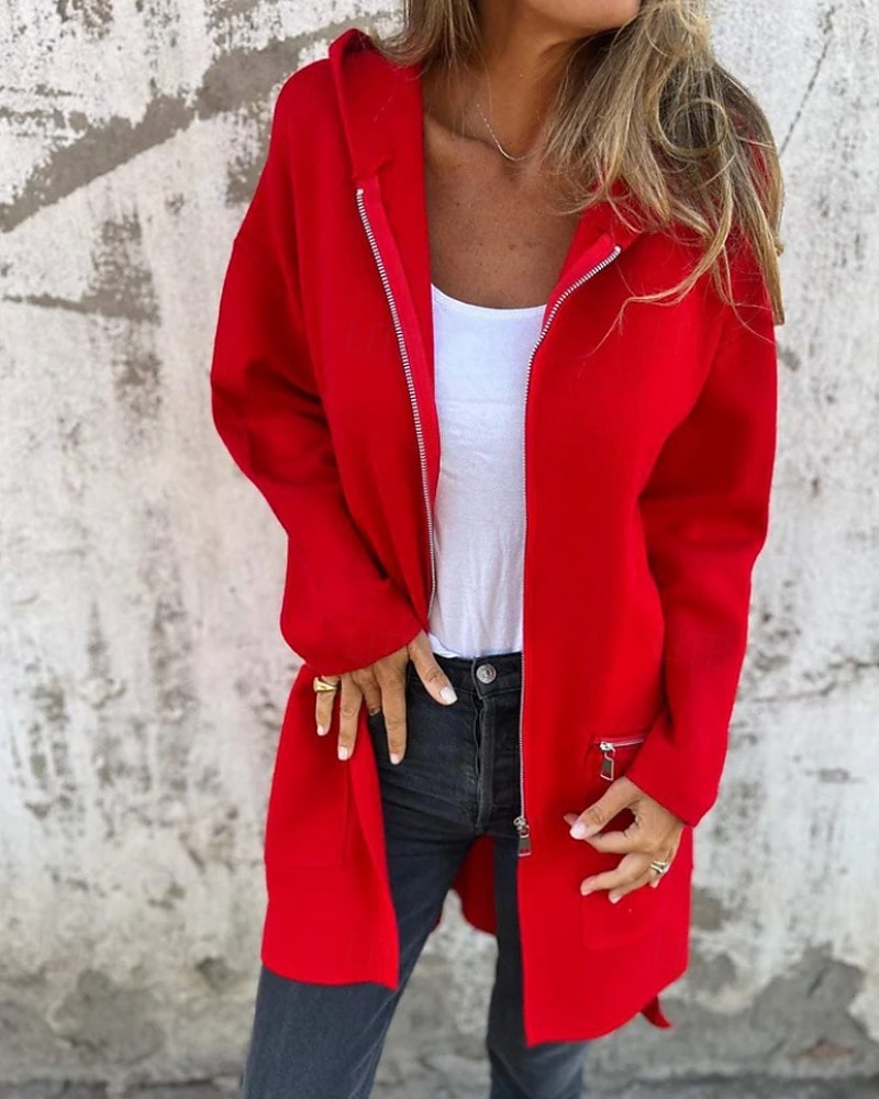 Damen Wintermantel Kapuzenjacke Warm Bequem Reißverschluss Tasche Lässig Einfach Outdoor Urlaub Heim Alltagskleidung Lang Mit Kapuze Normale Passform Langarm Oberbekleidung Schwarz Rote Kamel Herbst 2026 - $19.99 –P1