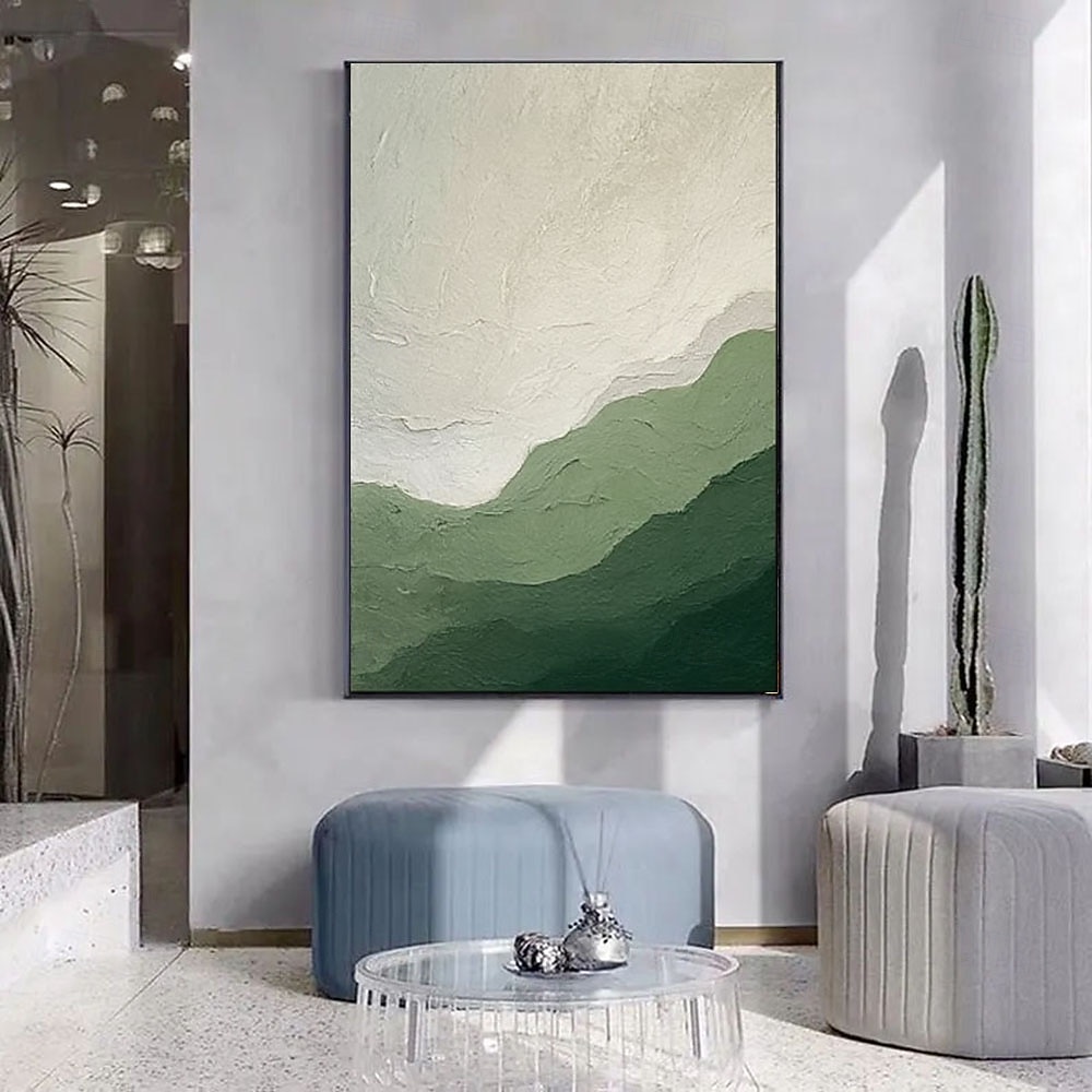 Regalo de Navidad: pinturas abstractas hechas a mano en tonos verde y beige, pintura de montaña, pinturas de paisaje verde, arte mural, gran panorama minimalista de valle, pintura al óleo 2026 - $107.99 –P2