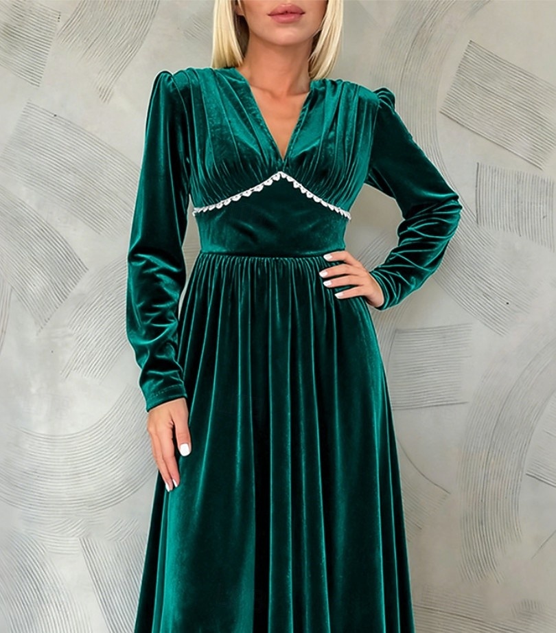Women's Velvet Green Fall Winter Maxi Dress Pleated Dress Birthday Formal  Regular Fit V Neck 2026 - AU $70.39