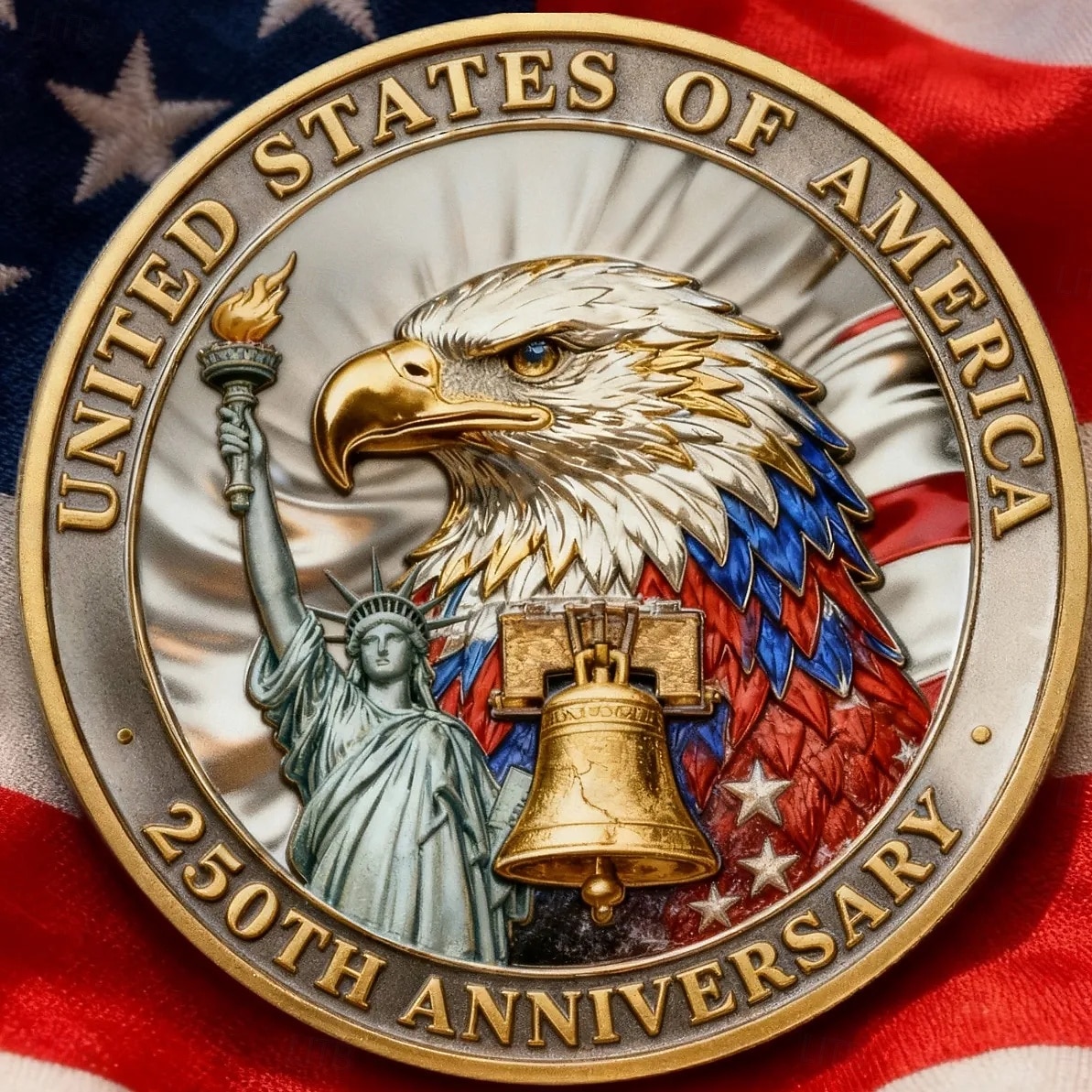 Монета с орлом и свободой в честь 250-летия Америки – Патриотическая коллекционная монета дизайн с золотым колоколом свободы и флагом прочный металл для выставки Семиквинтессенциаль 2026 - $19.99 –P1