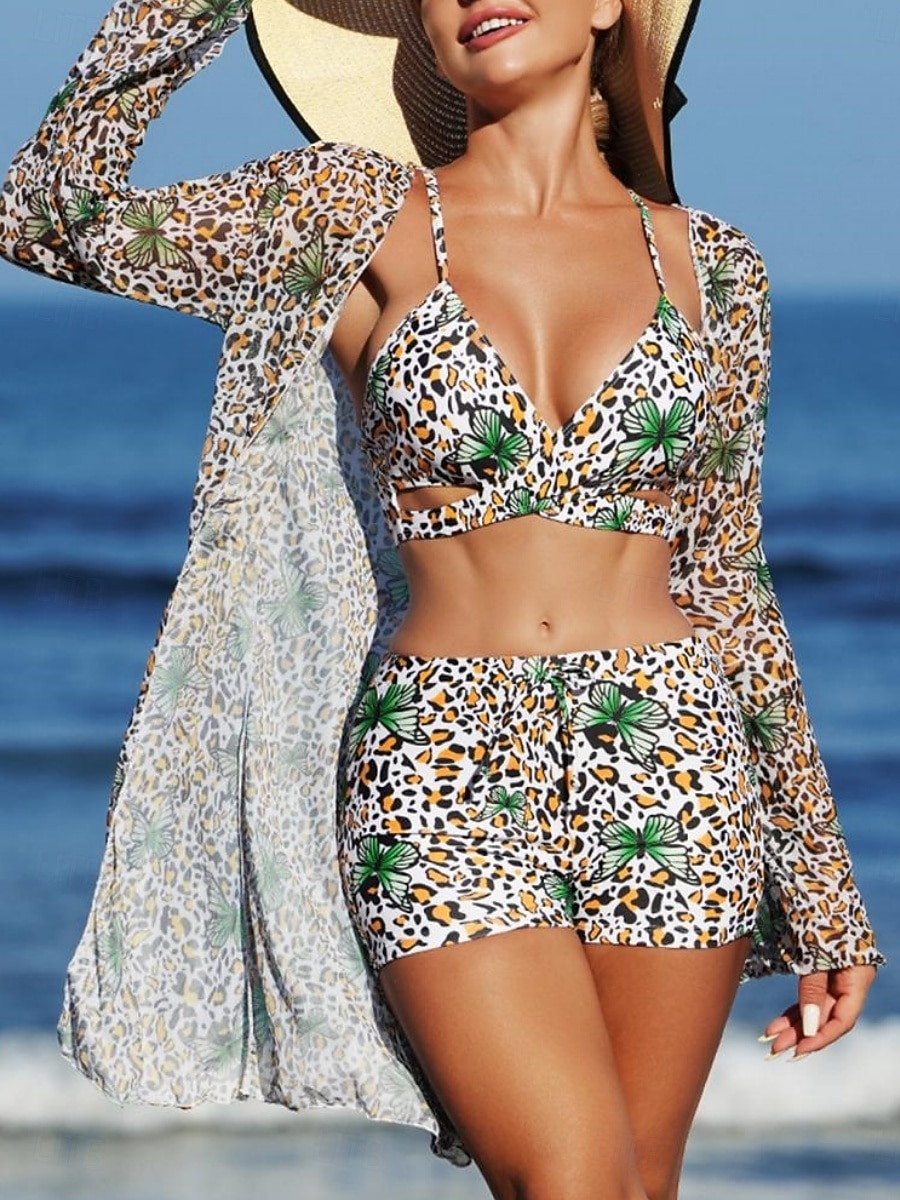 Kobiece bikini 3-częściowy strój kąpielowy szorty smukły bez pleców na wakacje plażowe ubranie kwiatowy dekolt V bez rękawów 2026 - $31.99 –P10