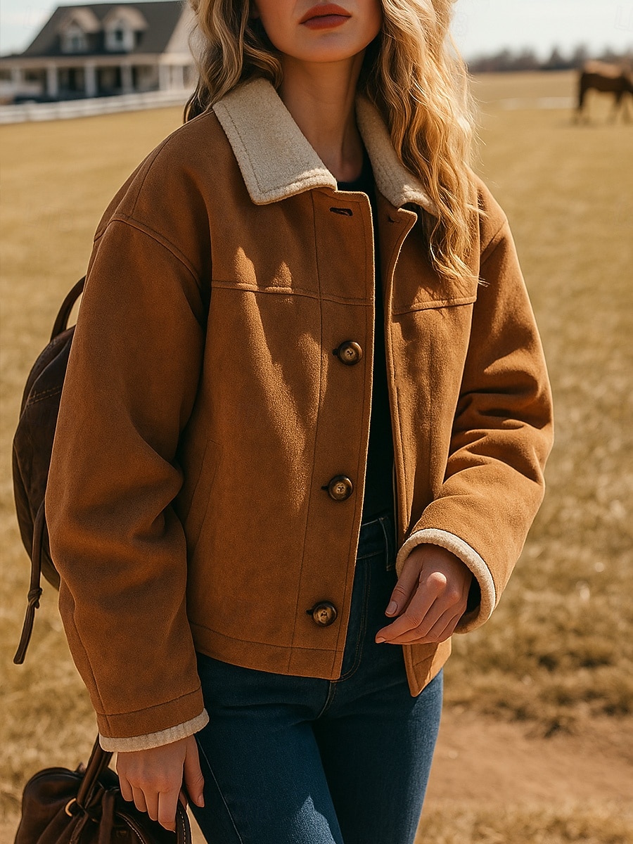 Naisten Talvitakki Rento takki Mukava Hengittävä Napit Vapaa-aika Tavallinen Loma Katu Kausaliteetti Arki-asut Yksirivinen Lyhyt Sänkyjen avaus Loose Fit Pitkähihainen Päällysvaatteet Kahvi Kevät 2026 - $41.99 –P1