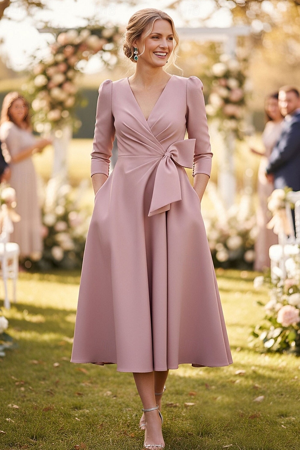 tea length cocktail dresses with 3 4 sleeves A-Line Tea Length Party Dress Cocktail Dress Wedding Guest Dress Mother of the Bride Dress 3/4 Length Sleeve Off Shoulder Elegant Luxurious Formal Wedding Guest Satin with Beading Appliques Pocket 2026 -
