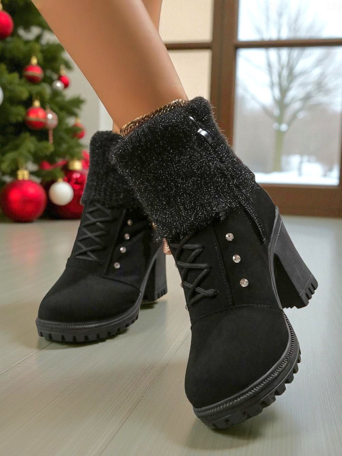 Botas femininas marrons de cano curto com salto alto – botas de inverno de couro sintético com cadarço, punhos de tricô e detalhes em pérola, perfeitas para o Natal e looks do dia a dia. de 2026 por $34.99 –P6