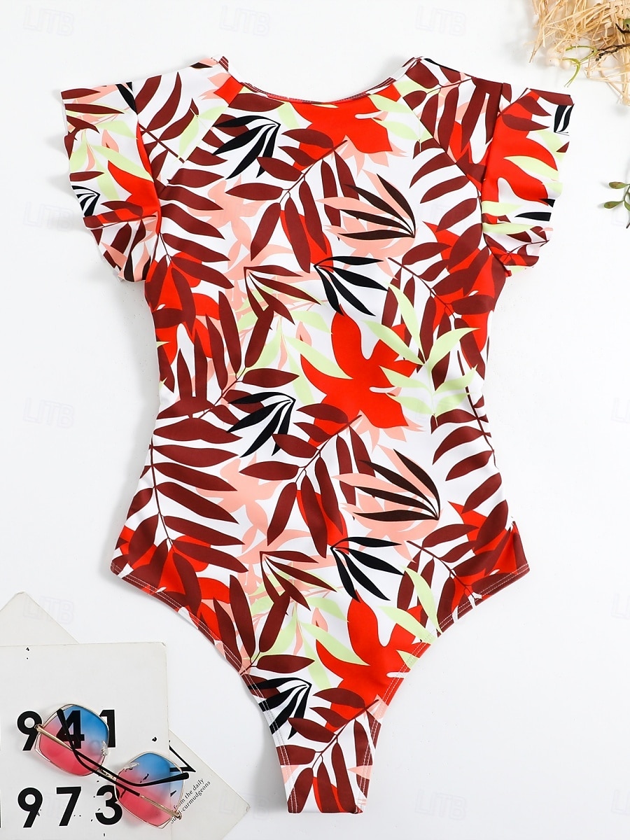 Dámské jedndílné plavky zeštíhlující zip přední palm monokini kontrola břicha vysoký pas slim dovolená plážové oblečení květinové listy kulatý výstřih krátké rukávy plavky 2026 - $26.99 –P6