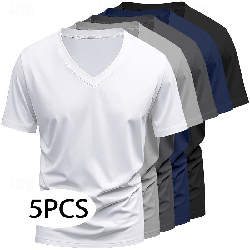 5-częściowy męski T-shirt z krótkim rękawem, dekolt w serek, letni, na każdą porę roku, jednolity kolor, prosty, codzienny, 5-częściowy zestaw, wakacyjny, casualowy, biały, top, męski 2026 - $59.99 –P1