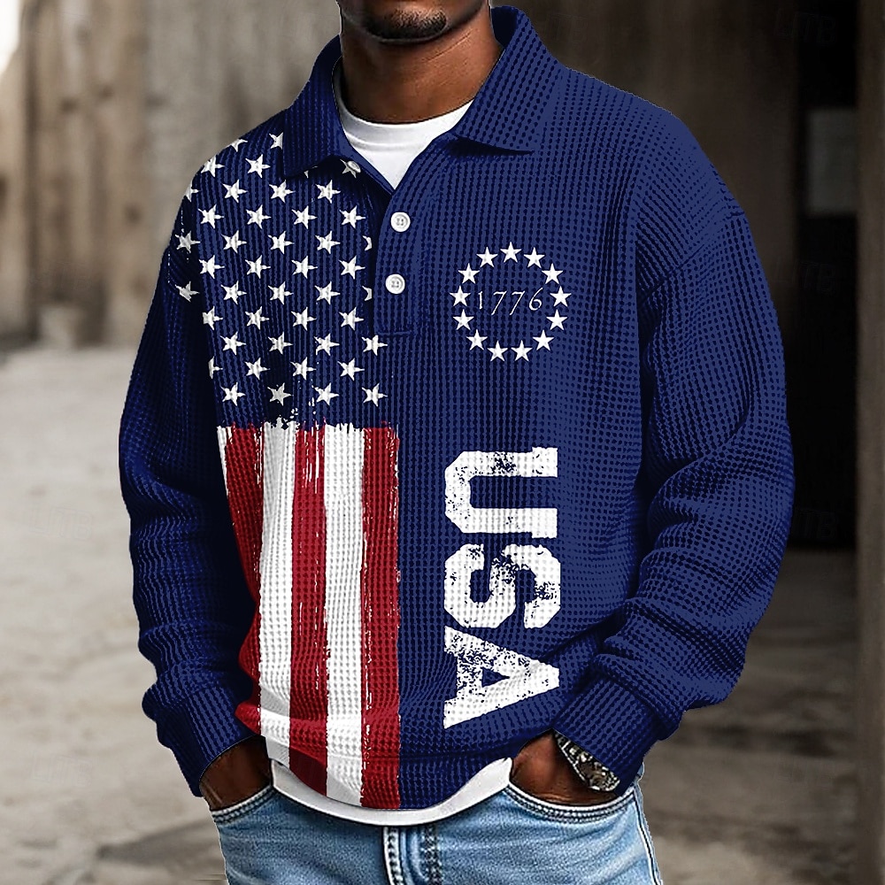 2026 250 de ani cămașă polo pentru bărbați cu steagul american texturat mânecă lungă cămașă polo cu guler îmbrăcăminte casual athleisure purtare zilnică imprimare 3D primăvară toamnă iarnă albastru 2026 - $28.99 –P1