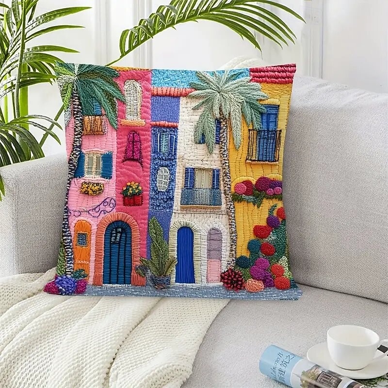 Mediterranean Style Pillow Cover with 2D Flat Print Single-Sided Colorful Town Scene Plants and Flowers Decorative Cushion Case for Sofa Living Room Home 2026 - $9.99 –P3