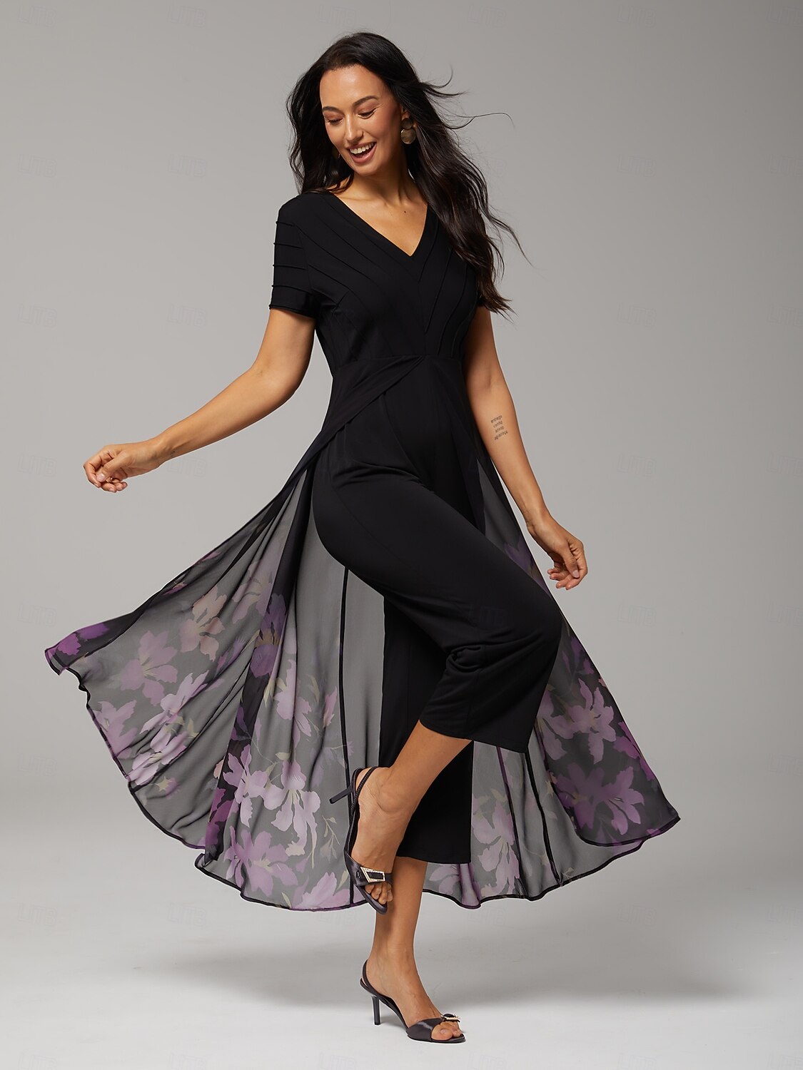 damejumpsuit svart tencel chiffon gradient paneled imitert todelt flagrende gjennomsiktig stretch blomstertrykk v-hals fest ferie vår sommer 2026 - $28.49 –P4