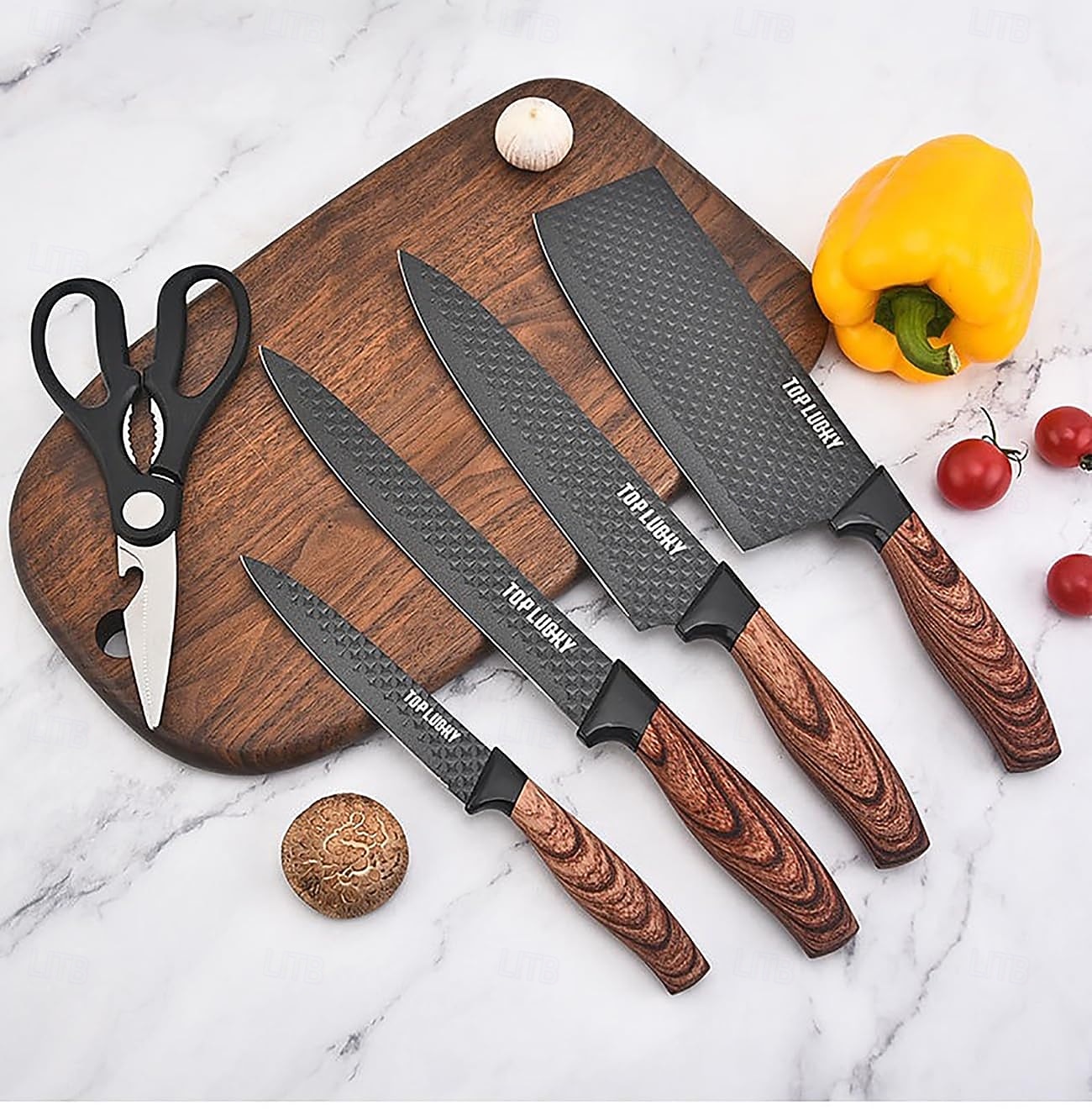 sada kuchyňských nožů, 6dílná luxusní sada nožů s dřevěným potahem, rukojeť s lehkou dřevěnou kresbou, nepřilnavý šéfkuchařský nůž z nerezové oceli s blokem na nože 2026 - $74.99 –P2