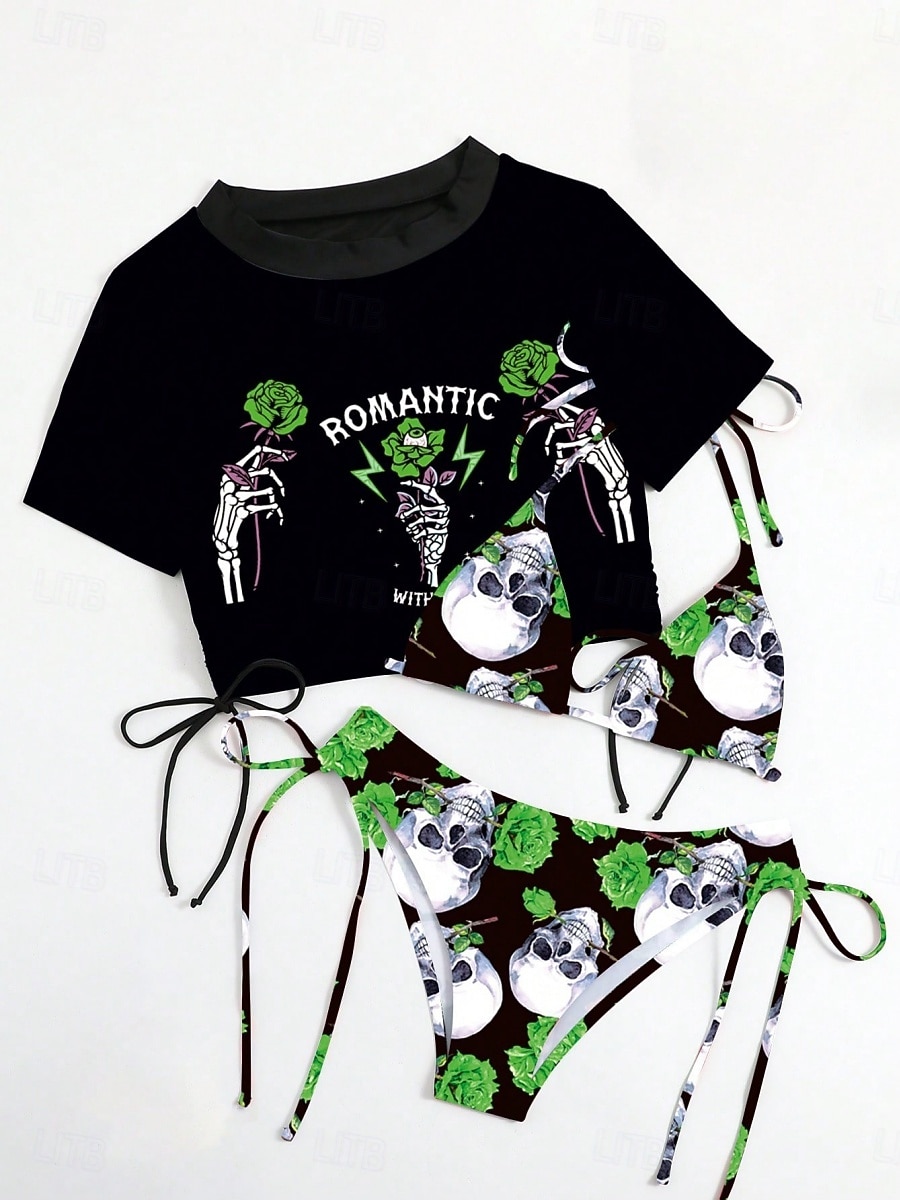 Женский бикини купальник из 3-х предметов юбка стройный без спины для отдыха на пляже череп завязки на шее короткие рукава 2026 - $28.99 –P7