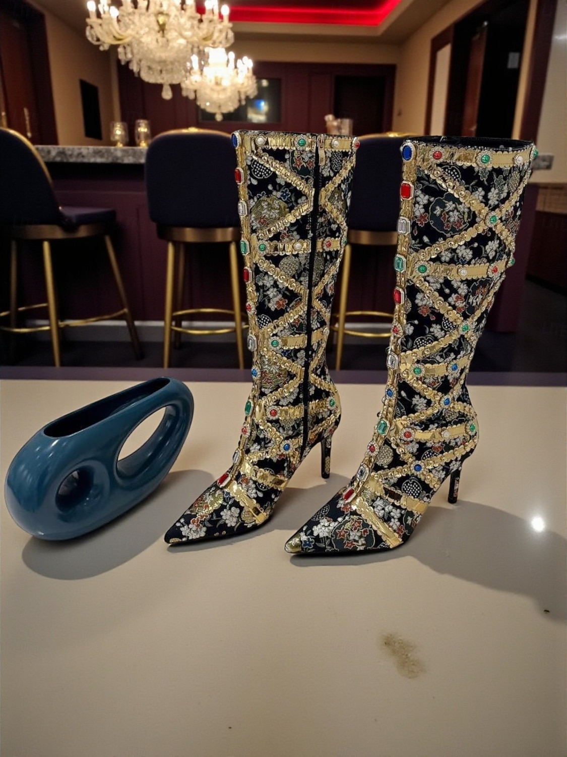 Cizme stiletto pentru femei, decorate cu pietre prețioase colorate și detalii aurii, cizme de lux la modă pentru petreceri de seară și ocazii speciale 2026 - $99.99 –P2