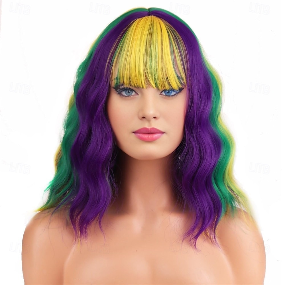 Peruca de Carnaval Roxo Verde Amarelo Ondulado Curto Peruca sintética para festivais Mardi Gras Parada Cabelo para fantasia de cosplay para Feminino de 2026 por $22.99 –P1