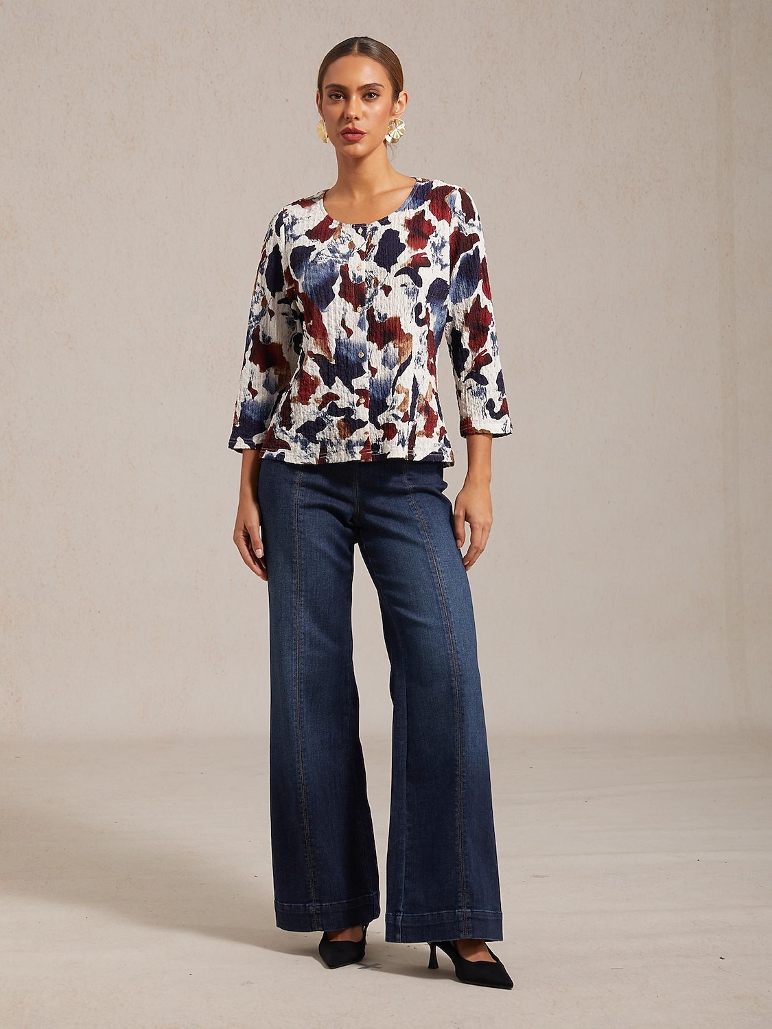 camicetta da vacanza con stampa a pennello e scollo tondo elasticizzato del 2025 a $72.99 –P1