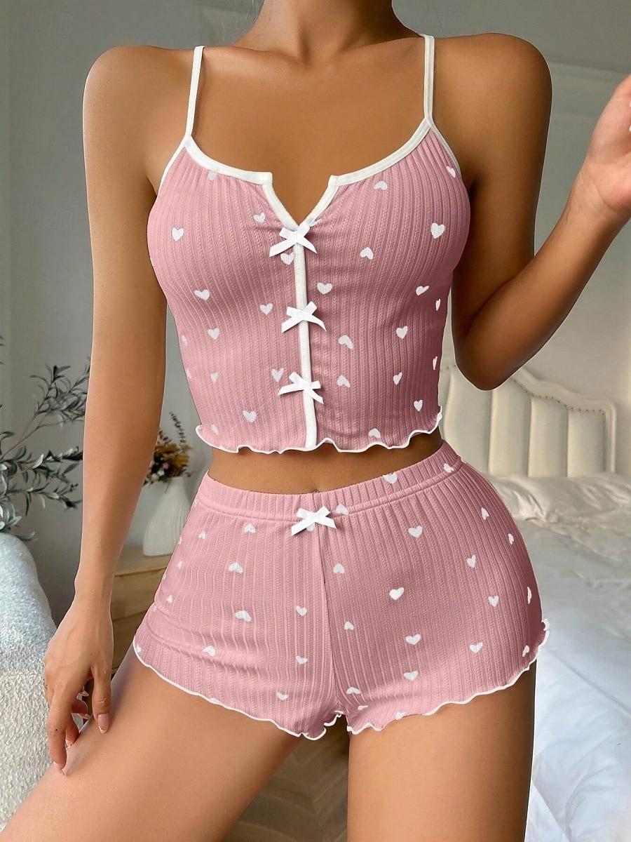 Dames Pyjamaset Casual Comfortabel Hart Elastische taille Strap Top Korte broek Huis Dagelijks Mouwloos V-hals Zwart Wit Blozend Roze Wijn Rood Zomer Lente Herfst Strak 2026 - $14.99 –P4