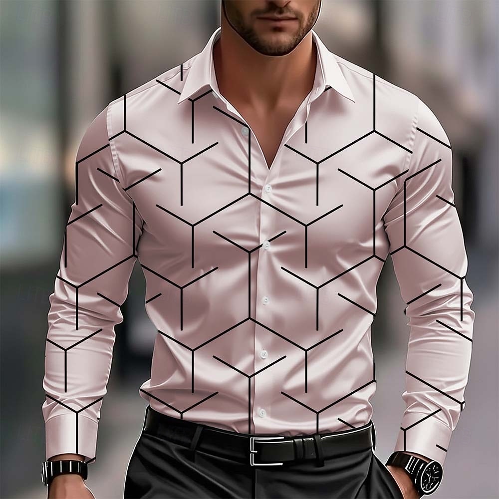 Men's Geometric Pattern Line Shirt Satin Shirt Dress Shirt Long Sleeve Business Casual Vacation Dailywear Summer Spring Fall Turndown 3D Print Button Up Shirts Blue White Pink Red Green 2026 - $29.99 –P2