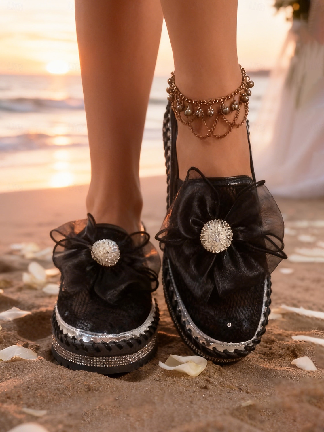 damskie koronkowe wsuwane trampki ślubne - codzienne buty ślubne na plażę z ozdobą w postaci kokardy &wygodna podeszwa na platformie, idealna na ceremonie nad morzem 2026 - $42.99 –P6