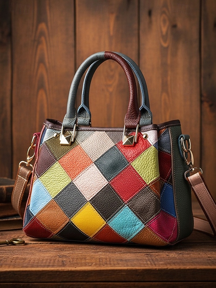 borsa da donna in pelle, design patchwork multicolore, materiale in vera pelle, versatile con manici superiori e tracolla regolabile, elegante e funzionale per l'uso quotidiano e le occasioni speciali del 2026 a $59.99 –P4