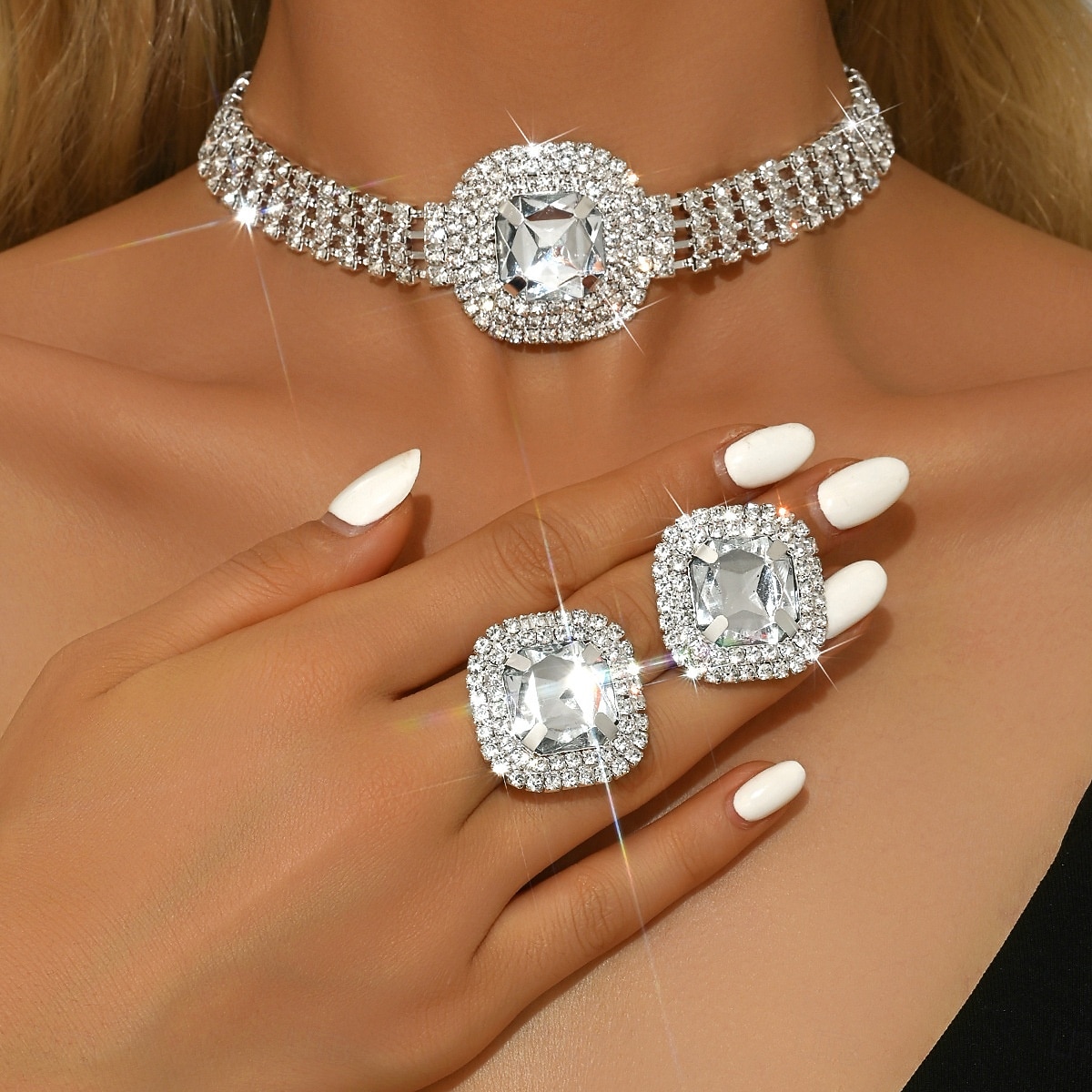 Set de bijuterii din cristal pentru femei - colier tip choker cu strasuri strălucitoare și inele statement pentru petrecere, banchet de seară sau ocazii speciale 2026 - $14.99 –P3