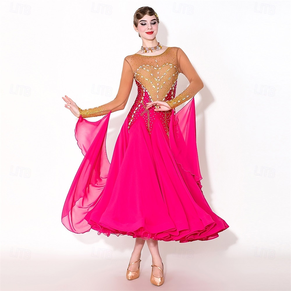 Women's Elegant Fuchsia & Gold Ballroom Dance Dress Rhinestone Embellished Waltz Tango Modern Rumba Competition Performance Gown 2026 - $529.99 –P1