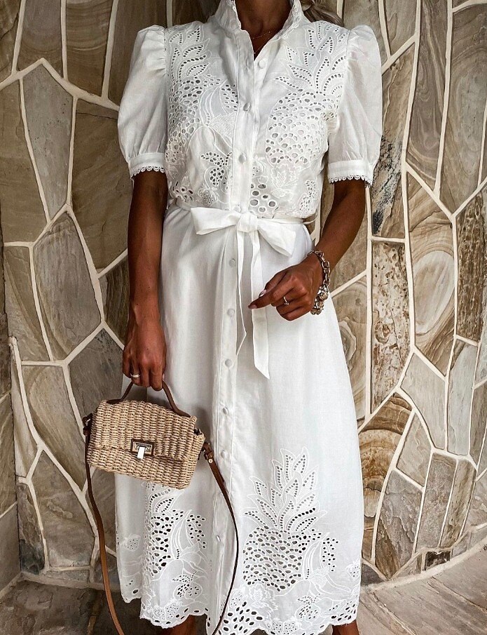 Damen Midikleid Sommerkleid Urlaub Lässig Boho Ausgehen Normale Passform Blumen Kurzarm Umlegekragen Blau Weiß Weiß Sommer Frühling 2026 - $45.99 –P5