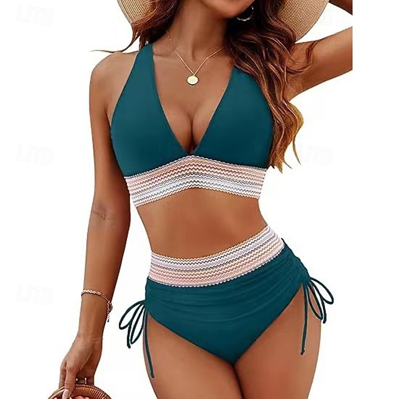 Dames Gerimpeld badpak Bikini-sets Zwemkleding Effen Zwemkleding Licht Blauw Zwart Ademend Mouwloos - Surfen Strand Zwemmen Zomer 2026 - $18.99 –P8