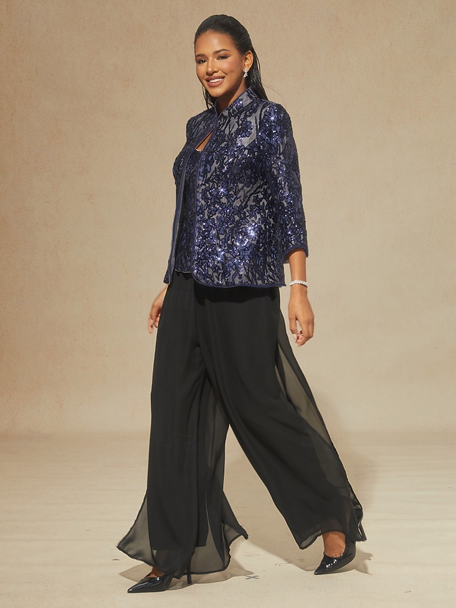 2026年 女性用 ブラウス 2 ピースの衣装 ドレッシーなトップス スパンコール 刺繍 フラワー エレガント 七分袖 スタンドカラー レギュラートップス パーティー ネイビーブルー 春 秋 冬  コレクション – $119.99 –P9