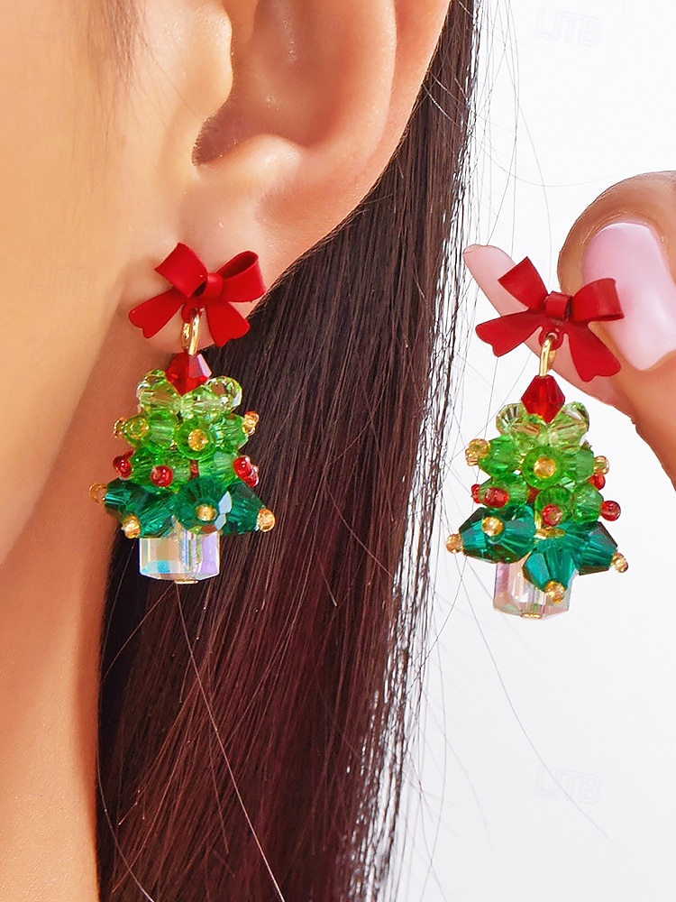 Bijuterii acrilice de Crăciun pentru femei – colier și cercei cu brad festiv și funde roșii, perfecți pentru petreceri și sărbători 2026 - $9.99 –P1
