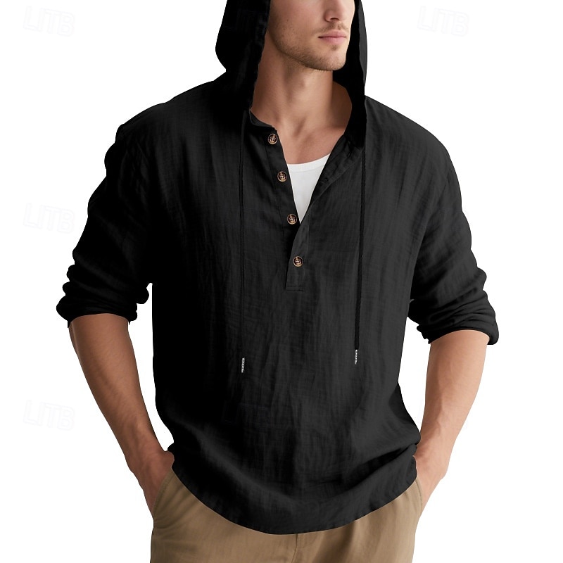 Men's Shirt Popover Shirt Summer Shirt Casual Shirt Beach Shirt Black White Yellow Navy Blue khaki Long Sleeve Solid Color Hooded Vacation Casual Drawstring Clothing Apparel Fashion Casual Comfortable 2026 - $28.99 –P25
