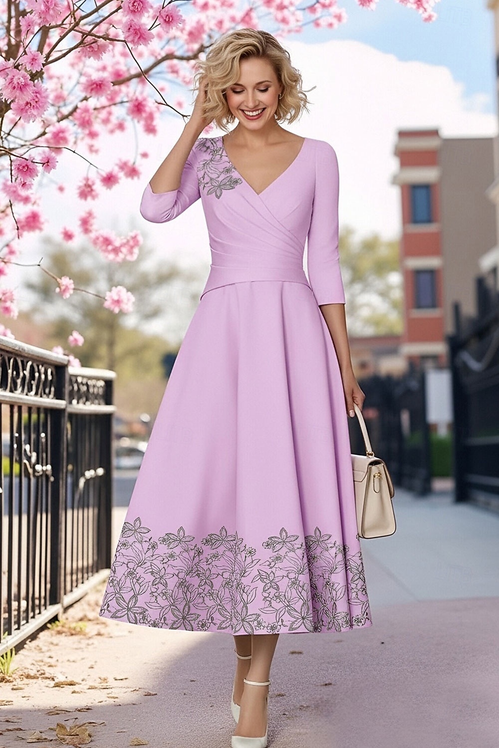 A-Line Dress Tea Length Beaded Eembroidered Party Dress Cocktail Dress  Mother of the Bride Dress 3/4 Length Sleeve V Neck Elegant Simple Formal  Satin with Lace Ruched Sequin 2026