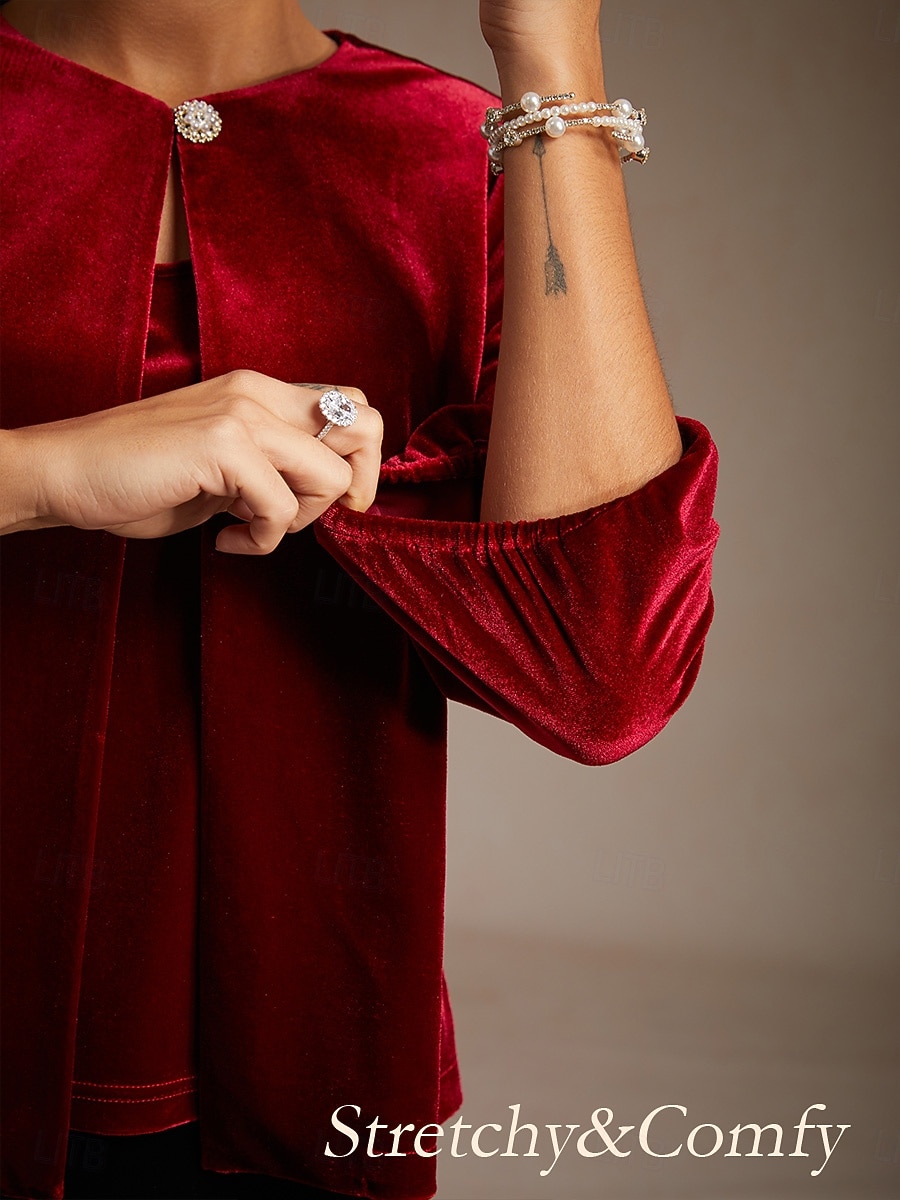 Vánoce Dámské Samet Tlačítko nahoru Oblečené topy Elegantní Večírek 3/4 délka rukávu Nahoře nabírané Tričkový Běžné topy Párty večerní šaty Dovolená Párty oblečení Fialová Jaro Podzim Zima 2026 - $25.99 –P4