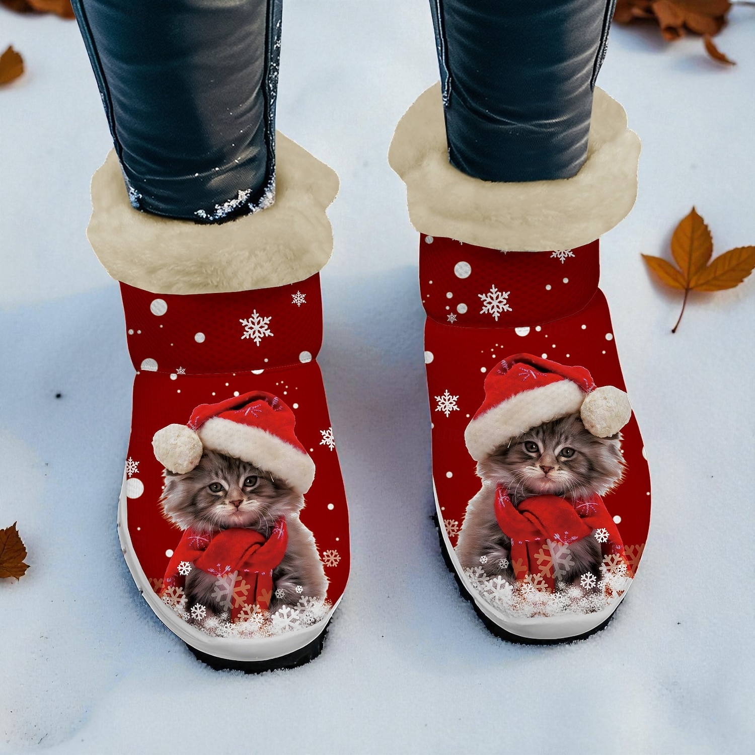 Botas femininas natalinas quentinhas com forro de pele e estampa fofa de Papai Noel com gatinho – estilo aconchegante de inverno, sola leve antiderrapante, perfeitas para festas de fim de ano, passeios ao ar livre, uso casual e para presentear no Natal. de 2025 por $59.99 –P1