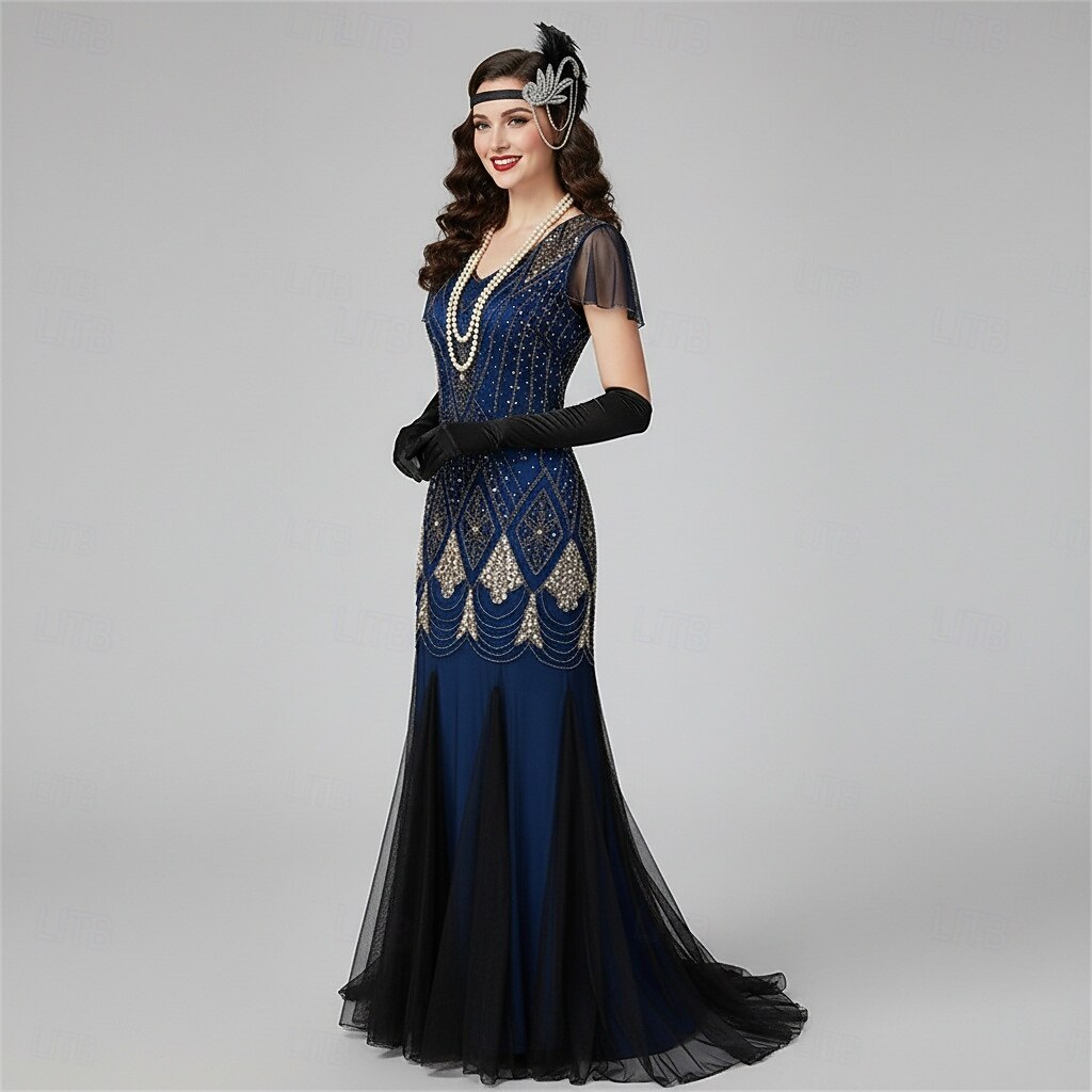 Σετ Δροσμός 20ετών 1920 Μακρύ Φορέματα Τουαλέτα Σύνολα με αξεσουάρ Κοντά μανίκια Το Great Gatsby Καλεσμένος γάμου Πούλιες Λαιμόκοψη V Φανταχτερή Φόρεμα Γυναικεία 2026 - $79.99 –P19