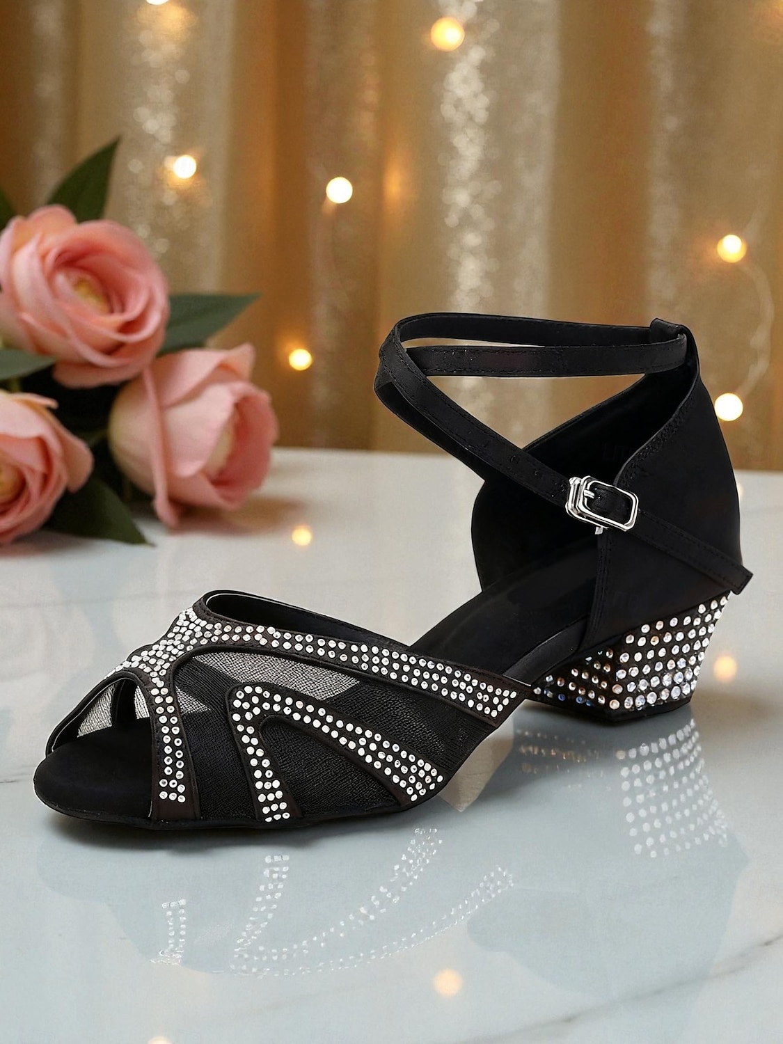 Scarpe da ballo da sala da donna con strass - tacchi latini aperti in rete con tacco basso a blocco, stile festa scintillante per salsa, tango &eventi di danza formale del 2026 a $64.99 –P1