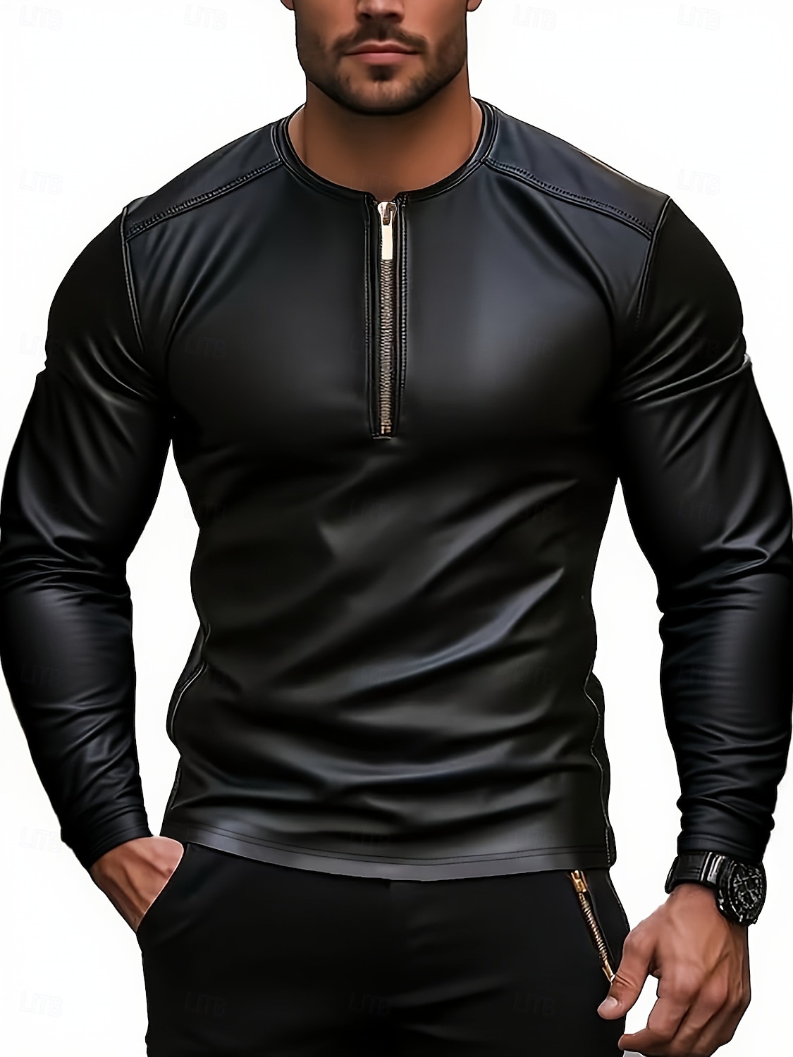 Camiseta de piel sintética para hombre, manga larga, cuello redondo, ideal para invierno y primavera. &Camiseta negra informal de punto de color liso para hombre, ideal para otoño y todas las 2026 - $29.99 –P1