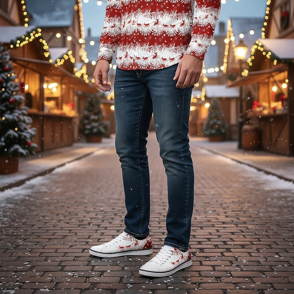 Sneakers da uomo con stampa natalizia - auguri di buon Natale con fiocchi di neve scintillanti, scarpe casual in tela per viaggi di vacanza, riunioni di famiglia ed eventi natalizi del 2026 a $42.99 –P1