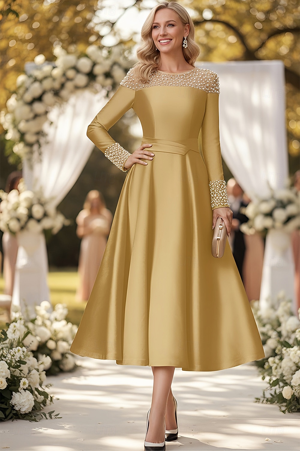 Linea ad A Lunghezza alla caviglia Vestito da Festa Abito da Cocktail Abito da invitata a nozze Abito da cerimonia per signora Manica Lunga Senza Spalle Elegante Formale Raso con Perle del 2026 a TRY 9695.41 –P1