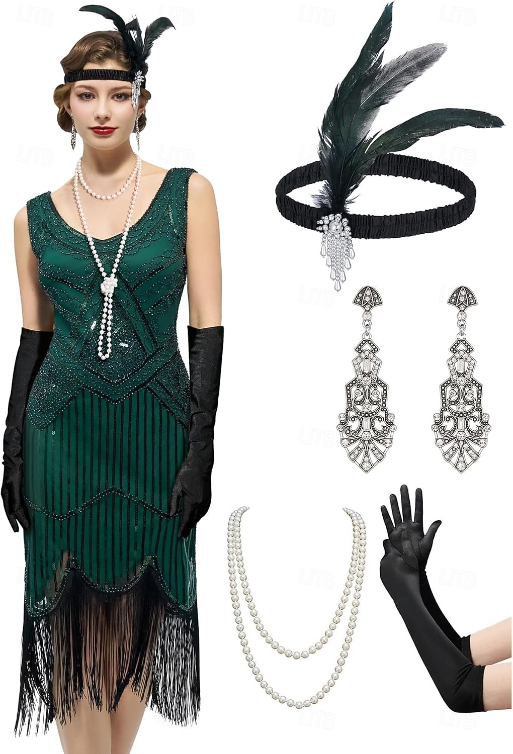 Set Goldene Zwanziger 1920er Knielang Kleid Flapper Kleid Outfits mit Zubehör Ärmellos Der große Gatsby Charleston Pailletten Quastenfransen Feder V Ausschnitt Kostüm Damen Karneval Neujahr Maskerade 2026 - $62.99 –P1