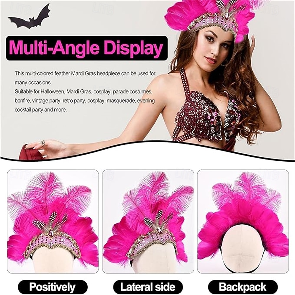 Carnival 2026 Rio Carnival Samba Accessories Hot Pink Ostrich Feather Headdress for Women - Sequin Rhinestone Headpiece - Carnival Showgirl Mardi Gras Costume Brazil Festival Performance Costume 2026 - $15.49 –P6