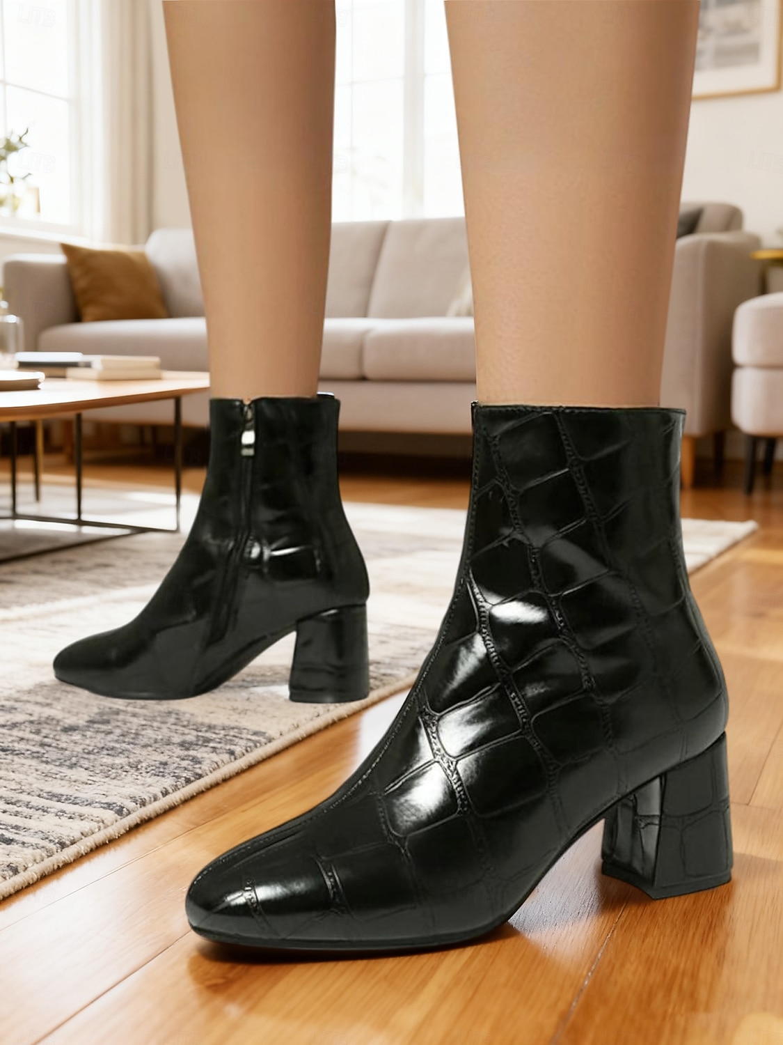 Dámské kotníkové boty z vínové kůže s krokodýlím potiskem, blokovým podpatkem a zapínáním na zip – elegantní hranatá špička pro každodenní nošení i do kanceláře 2026 - $64.99 –P5