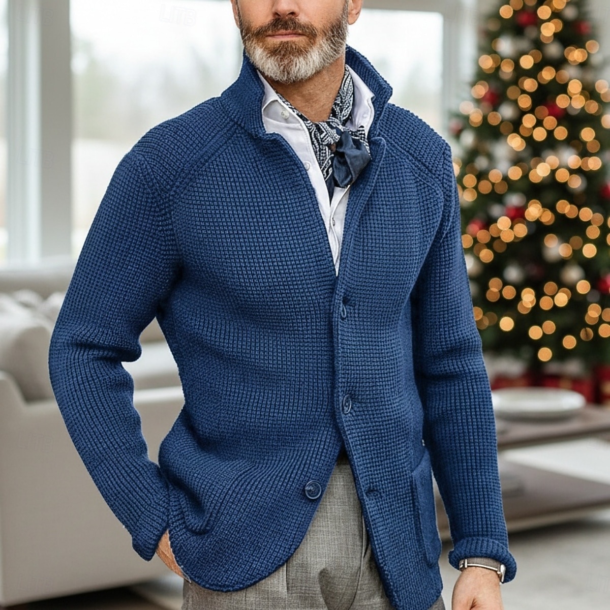 Herr Tröja Klänning tröja Cardigan Tröja Våffelstruktur Sticka Vanliga toppar Stickat Button-Down Hög krage Klassisk Ledigt Kläder Raglanärm Höst vinter Vår Blå Röd Brun XS S M 2026 - $39.99 –P6